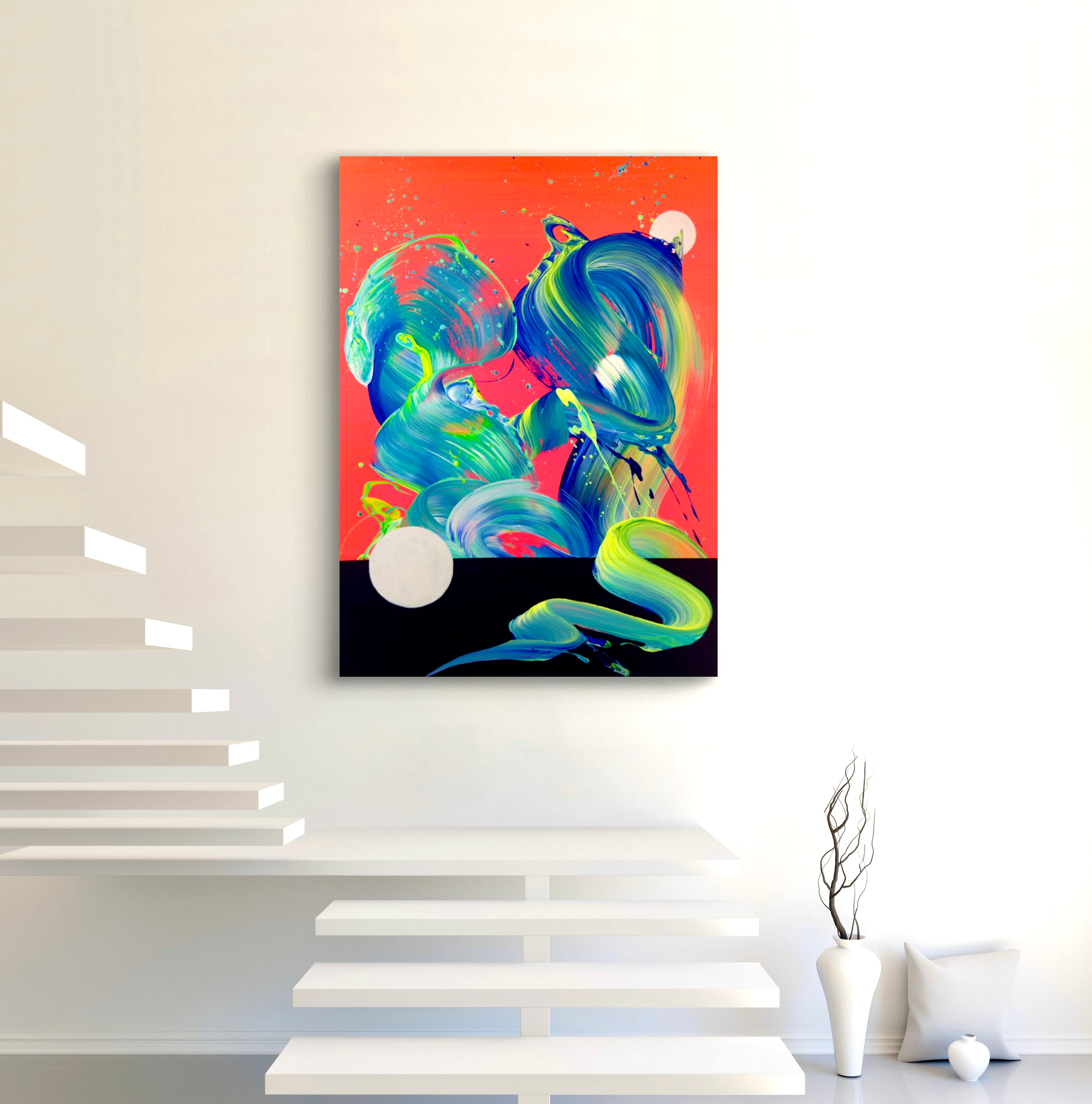 abstraktes Gemälde in Neonfarben, abstrakte Kunst, Inneinrichtung, farbenfroh, Kunst, Gemälde, Wandkunst, Einrichtungsideen, ateliersophie, atelier Sophie, Kunstwerk, Abstrakte Kunst, Wiesbaden, abstract art, interior design, Inneneinrichtung, Dekoration