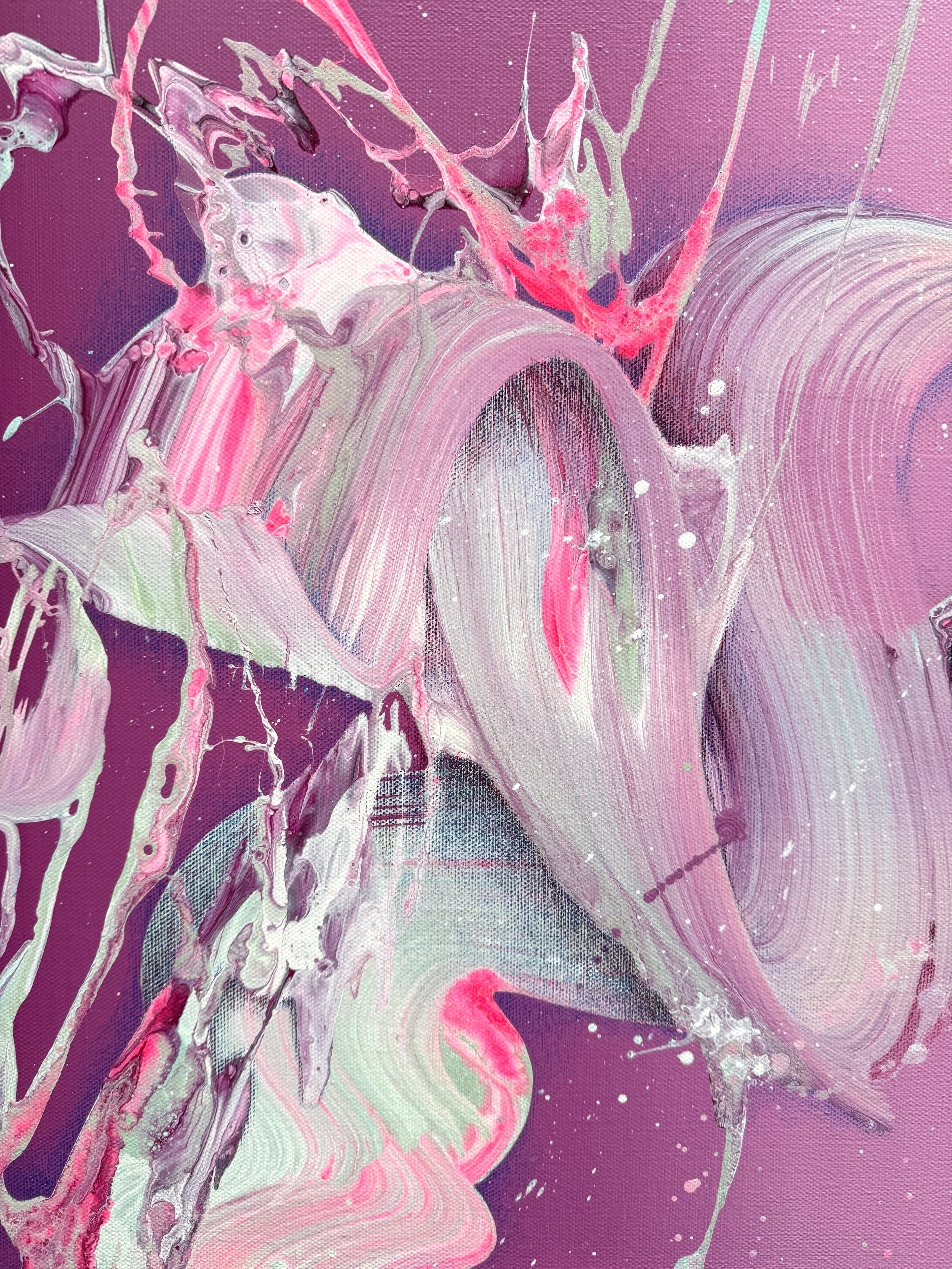 Abstraktes Kunstwerk von Sophie Drummer mit kraftvollen Farben und fließenden Strukturen, die den Moment zwischen Chaos und Neubeginn einfangen. Dunkle Violet und Rosa Töne treffen auf kühle Minttöne.